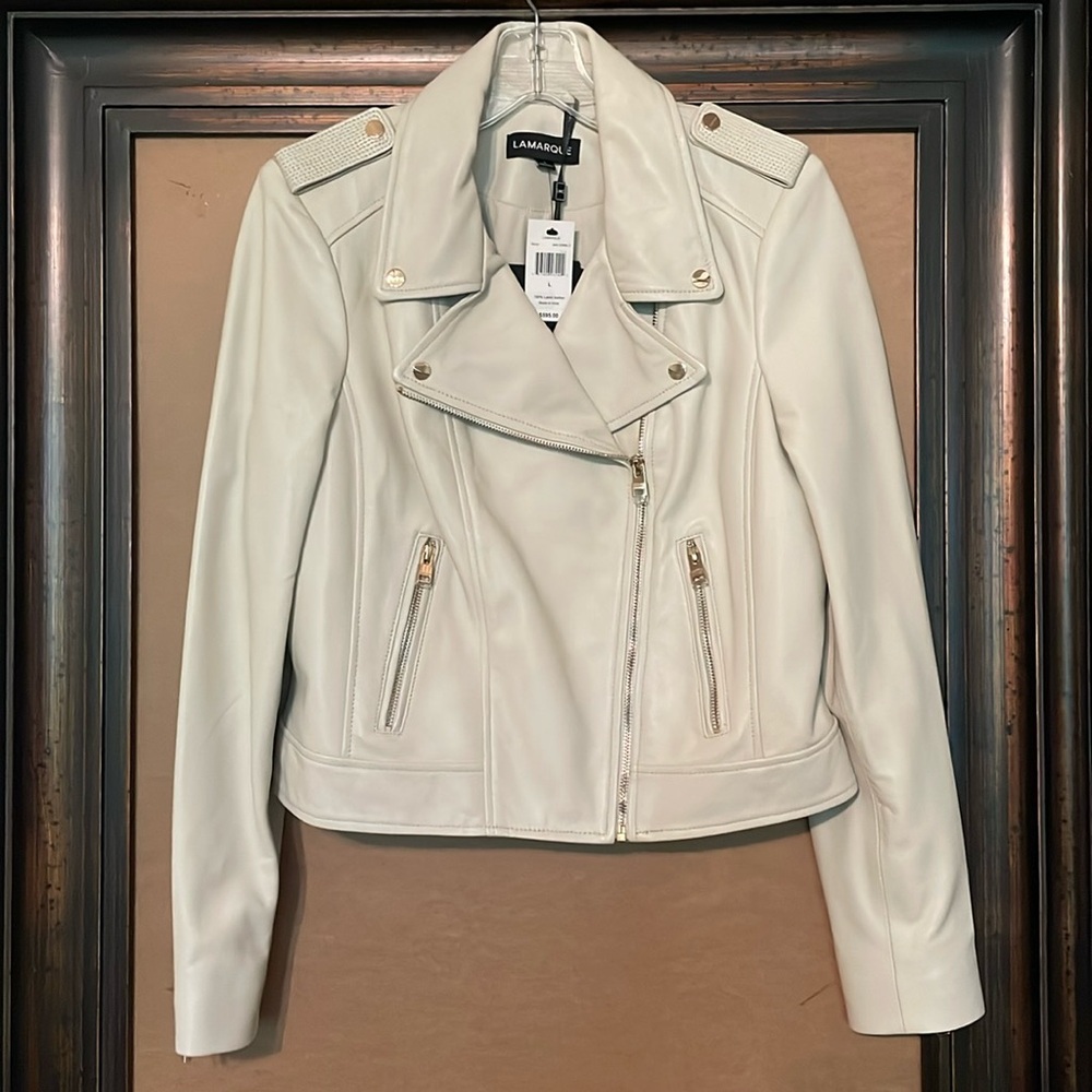NWT La marque Donna Gold Iconic Leather Biker Jacket - Picture 2 of 11